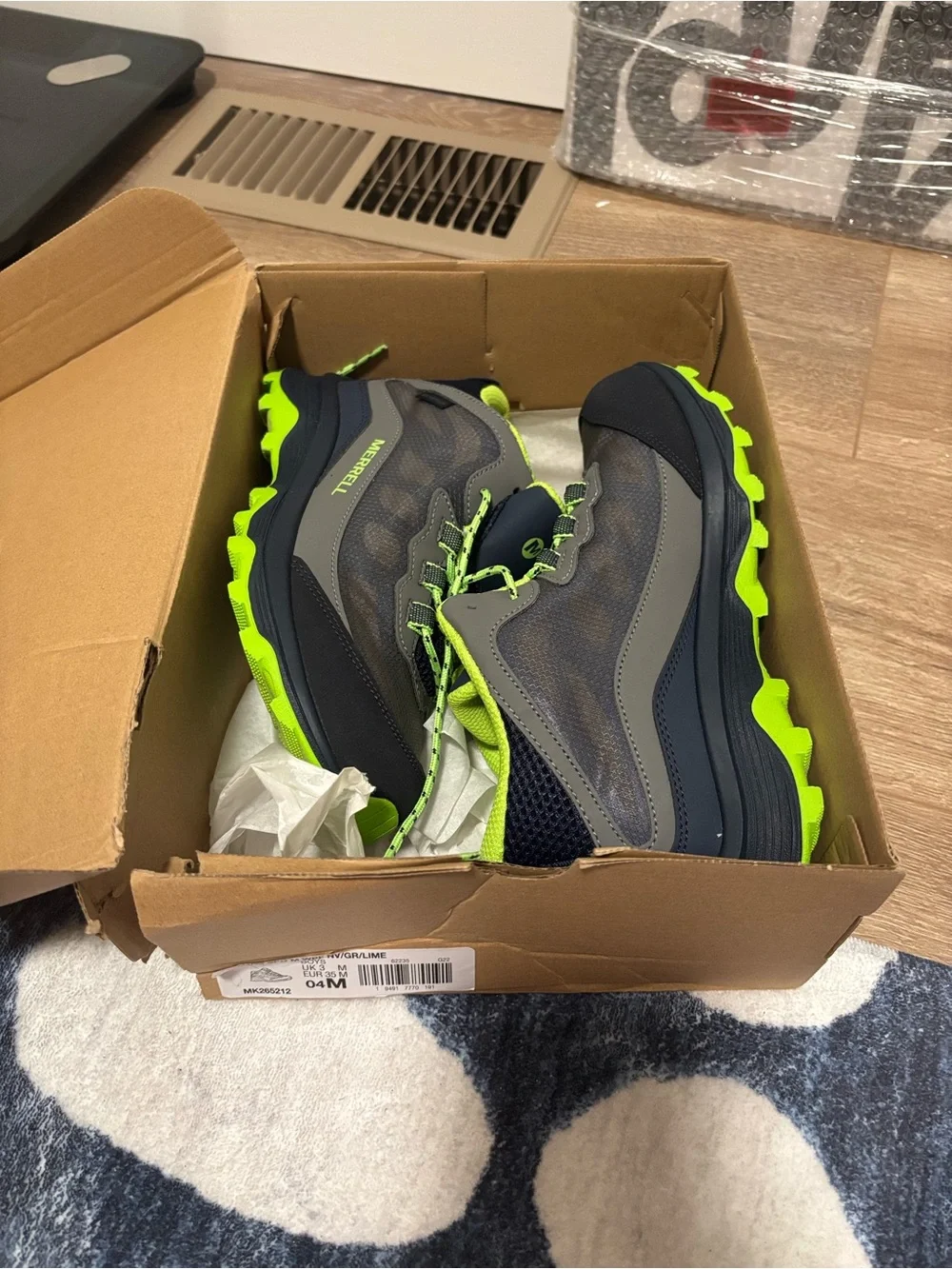 New kids Merrell Gray and Neon Green Athletic Trail Shoes